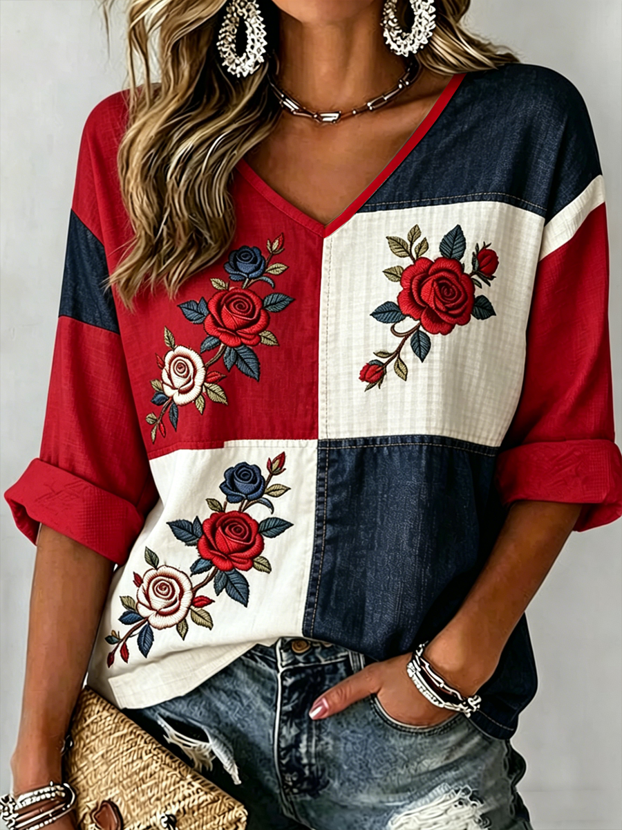 T-shirt femme à manches mi-longues, col en V, imprimé floral