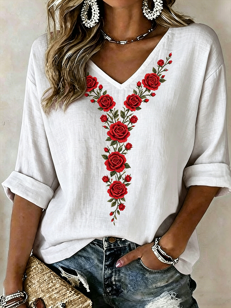 T-shirt femme à manches mi-longues, col en V, imprimé floral