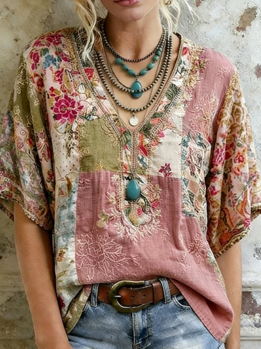 T-shirt en lin pour femmes, style rétro, broderie florale, col en V, manches courtes