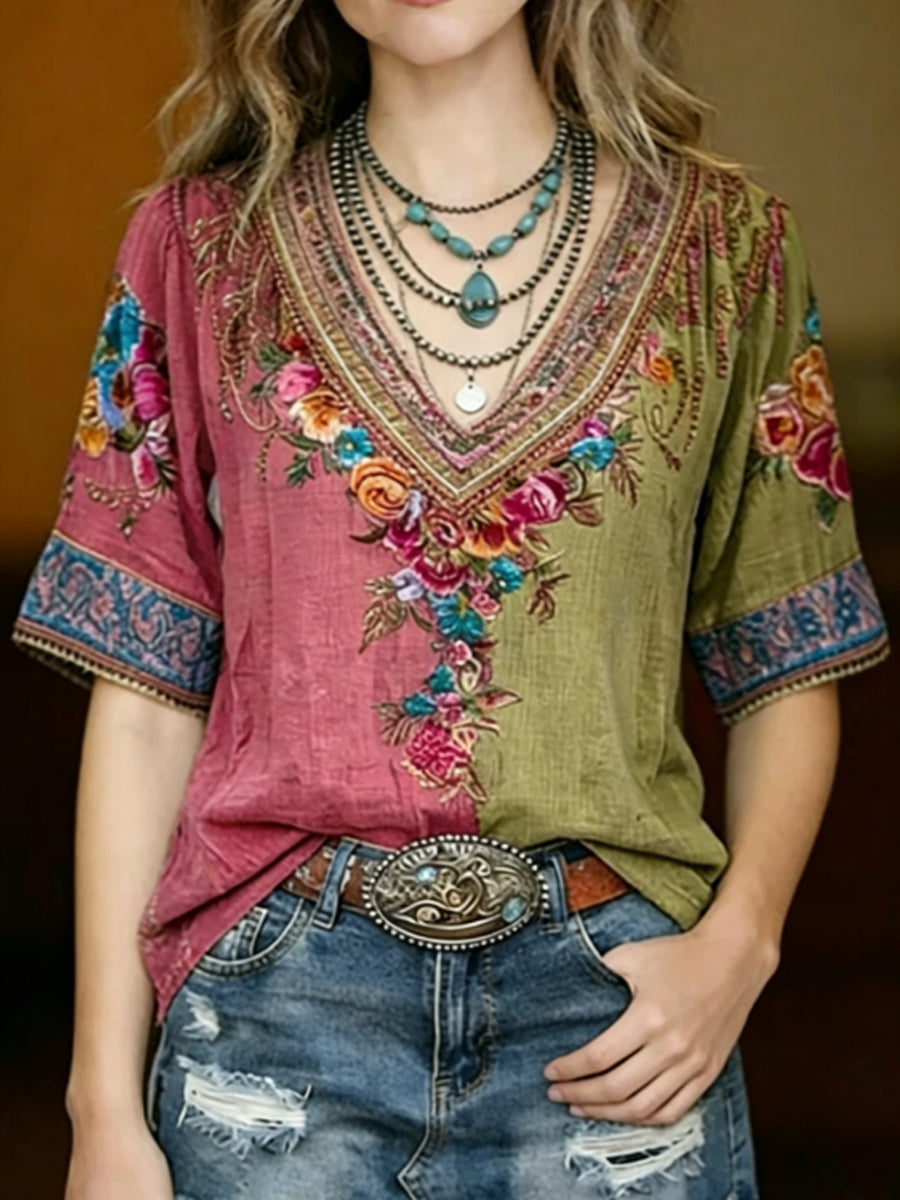 Haut en coton à manches courtes et col en V, brodé de fleurs, style rétro pour femme