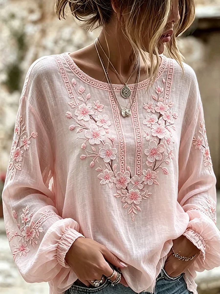 Imprimé d'art floral rétro, haut décontracté en coton-lin