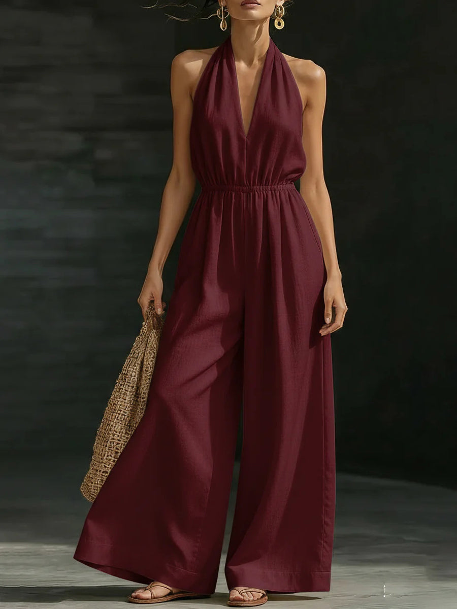 Casual Solid Color V-Neck Halter Backless Jumpsuit des femmes