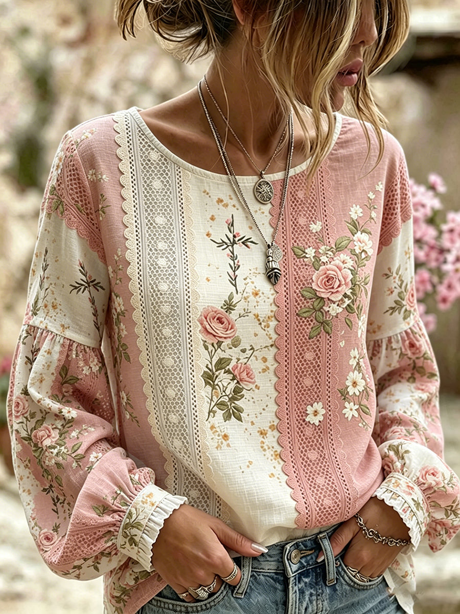 Haut décontracté en coton-lin pour femme, imprimé floral vintage