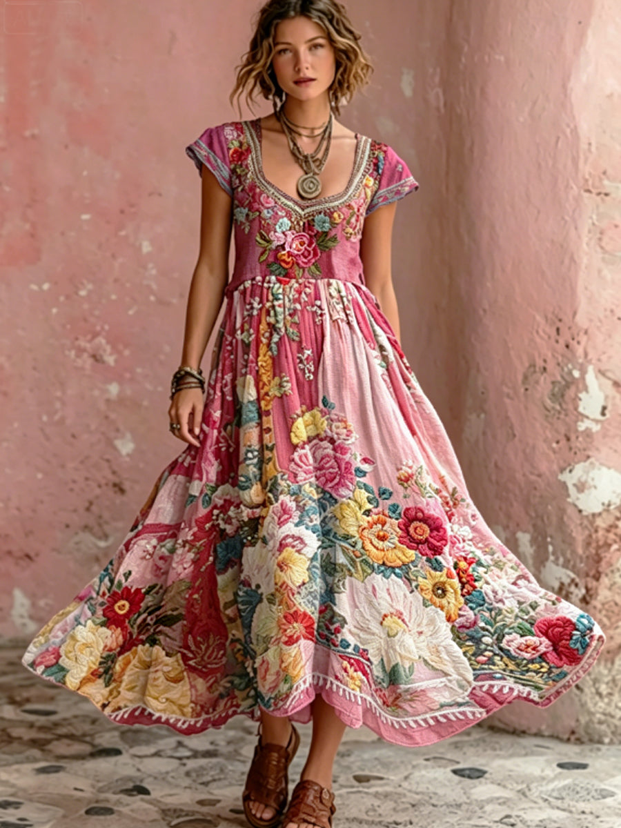 Robe maxi bohème pour femmes, à broderie florale, col rond, manches courtes