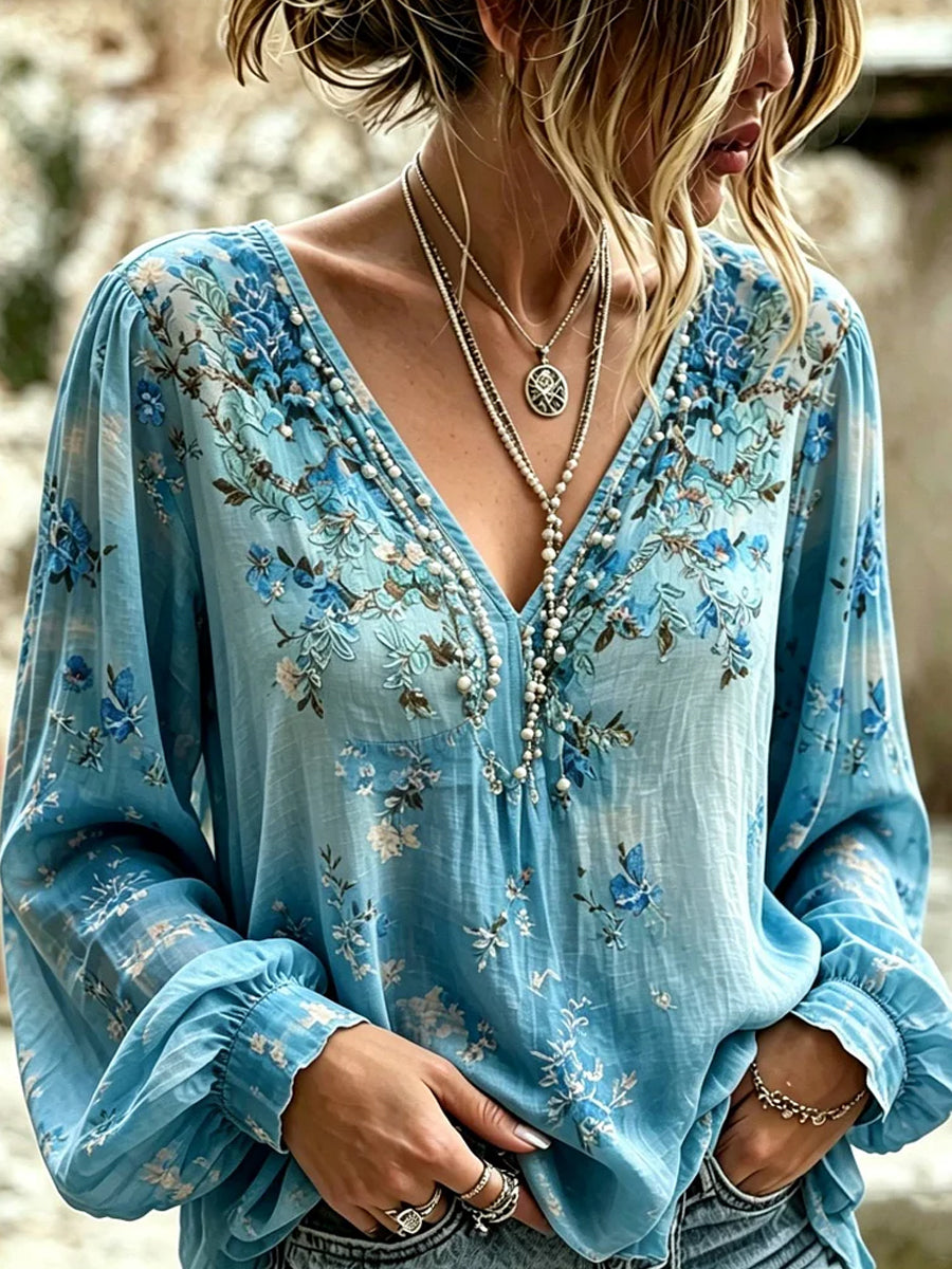 Haut décontracté en coton-lin pour femme, imprimé floral vintage