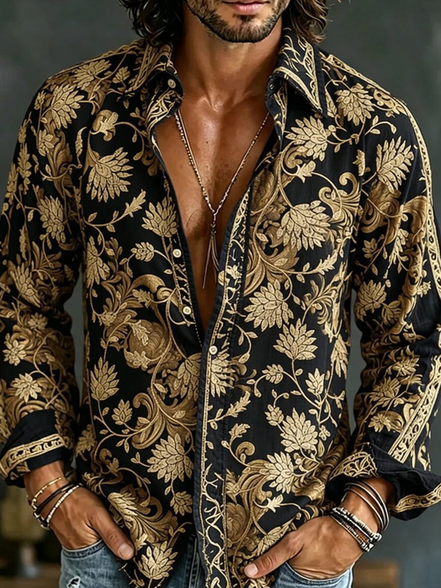 Chemise décontractée en coton-lin avec impression d'art abstrait rétro