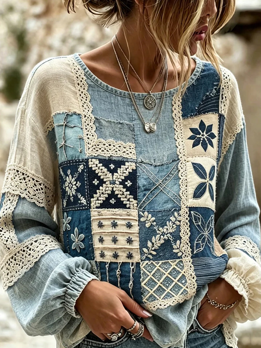 Haut décontracté en coton-lin pour femme, imprimé floral vintage