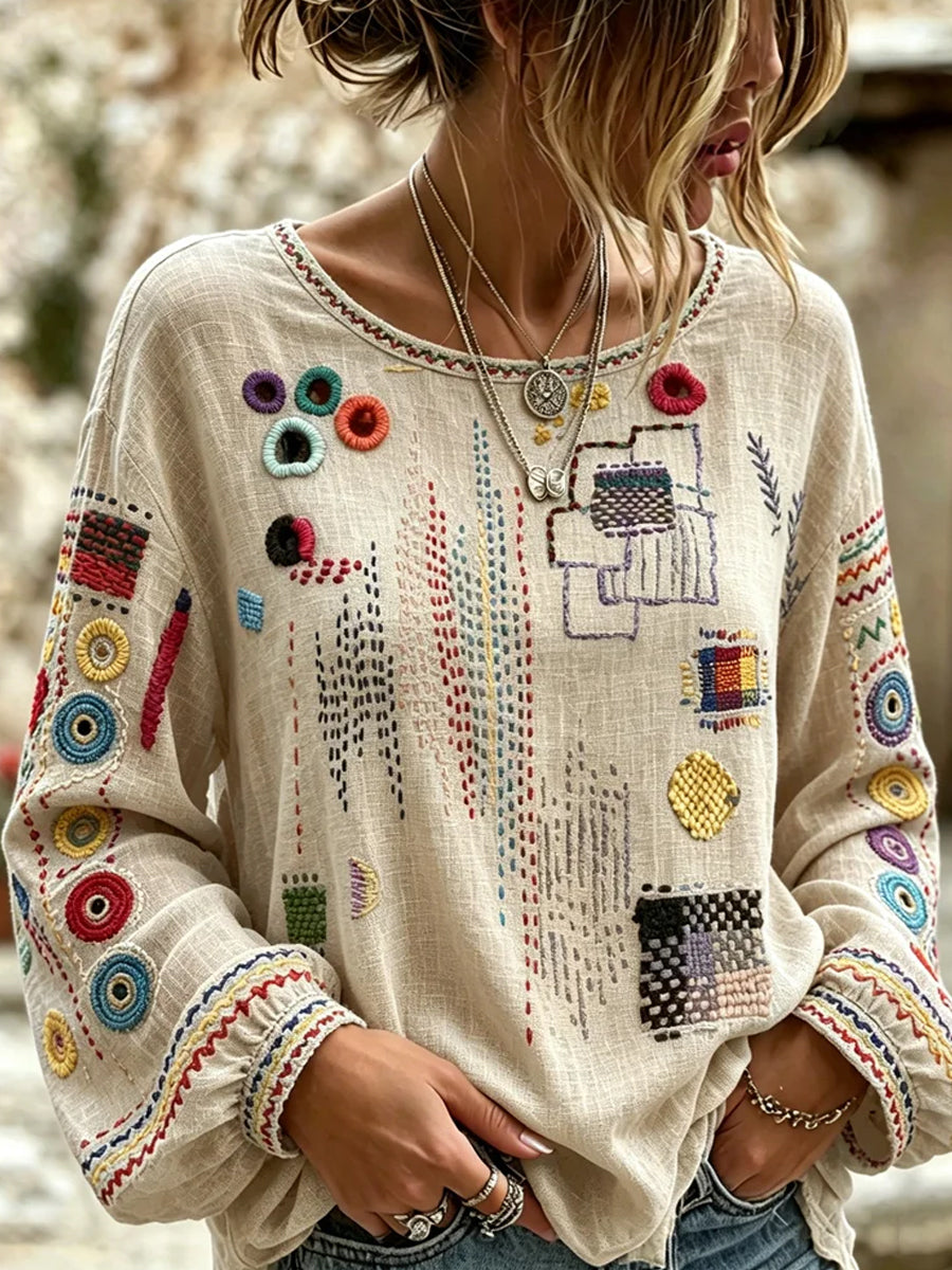 Haut décontracté en coton-lin pour femme, imprimé floral vintage