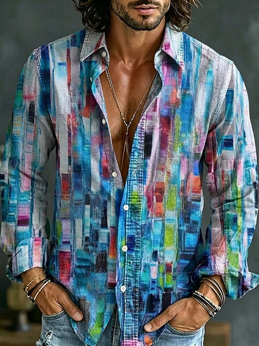 Chemise décontractée en coton-lin avec impression d'art abstrait rétro
