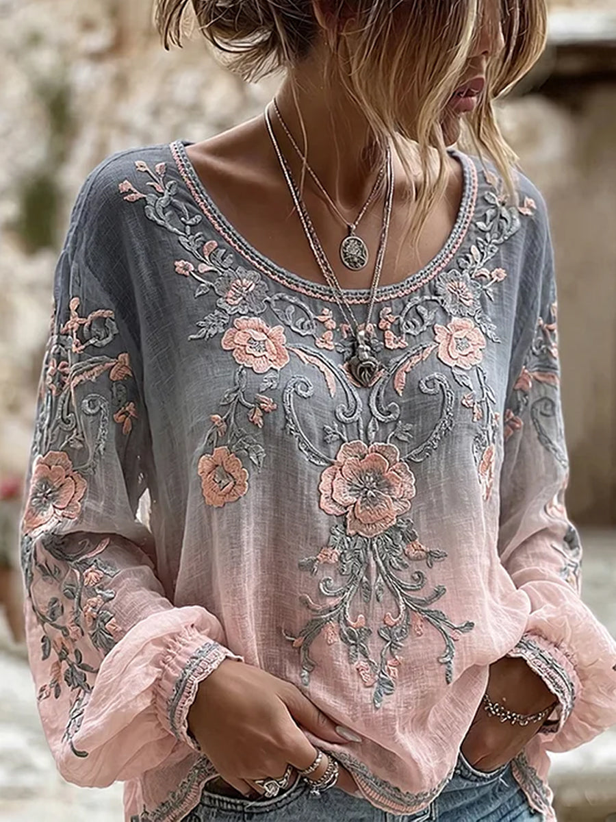 Haut décontracté en coton-lin pour femme, imprimé floral vintage