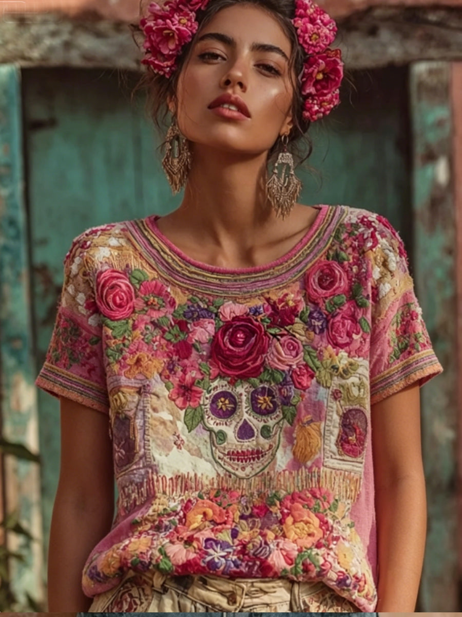 T-shirt pour femme, style bohème vintage, broderie florale, patchwork, col rond, manches courtes, en mélange de lin