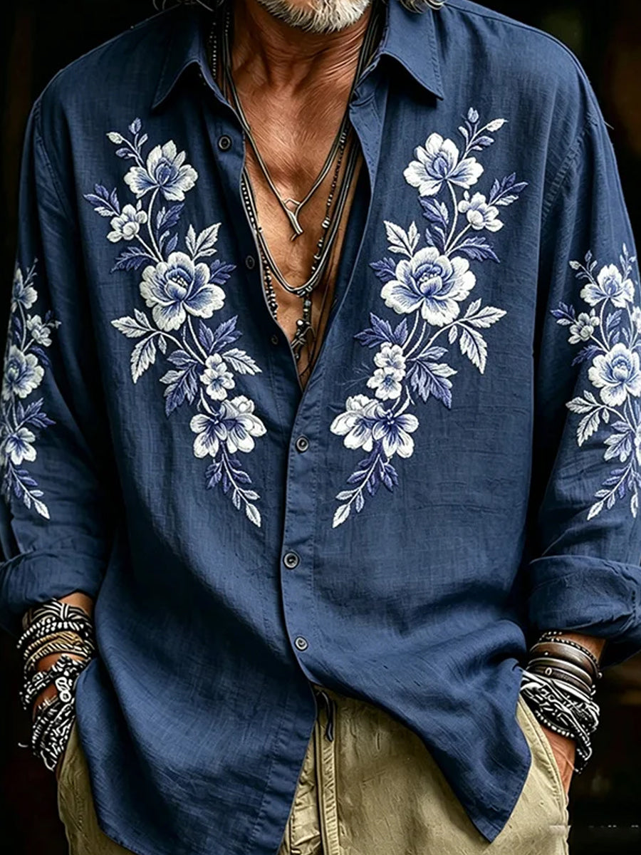 Chemise décontractée en coton et lin rétro imprimé art abstrait