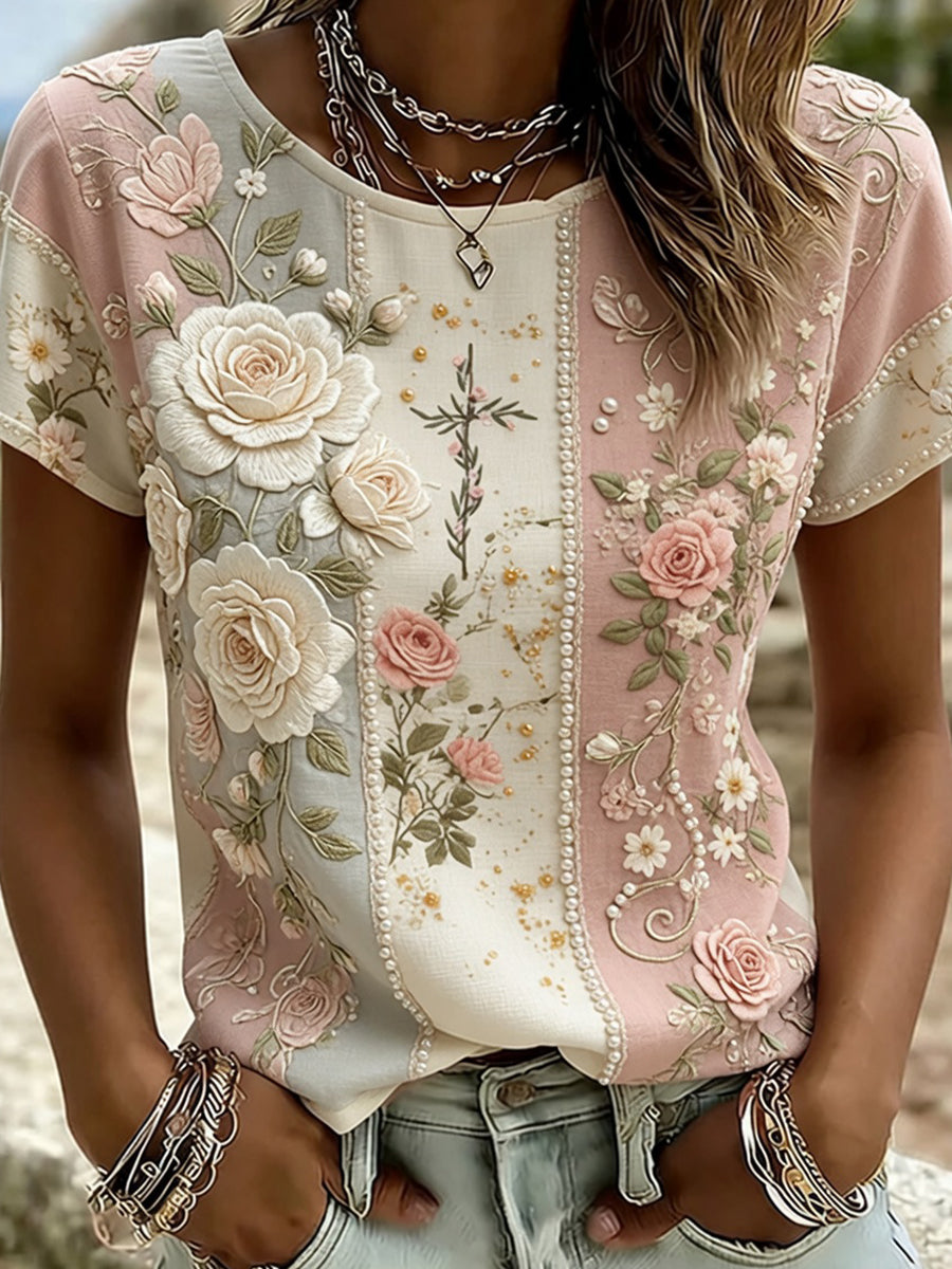 T-shirt confortable pour femmes, style vintage, imprimé floral artistique