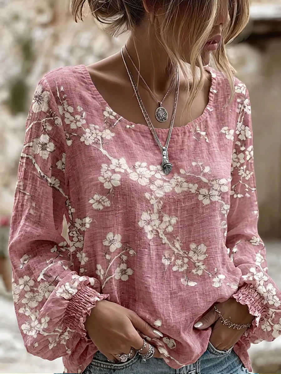 Haut décontracté en coton-lin pour femme, imprimé floral vintage