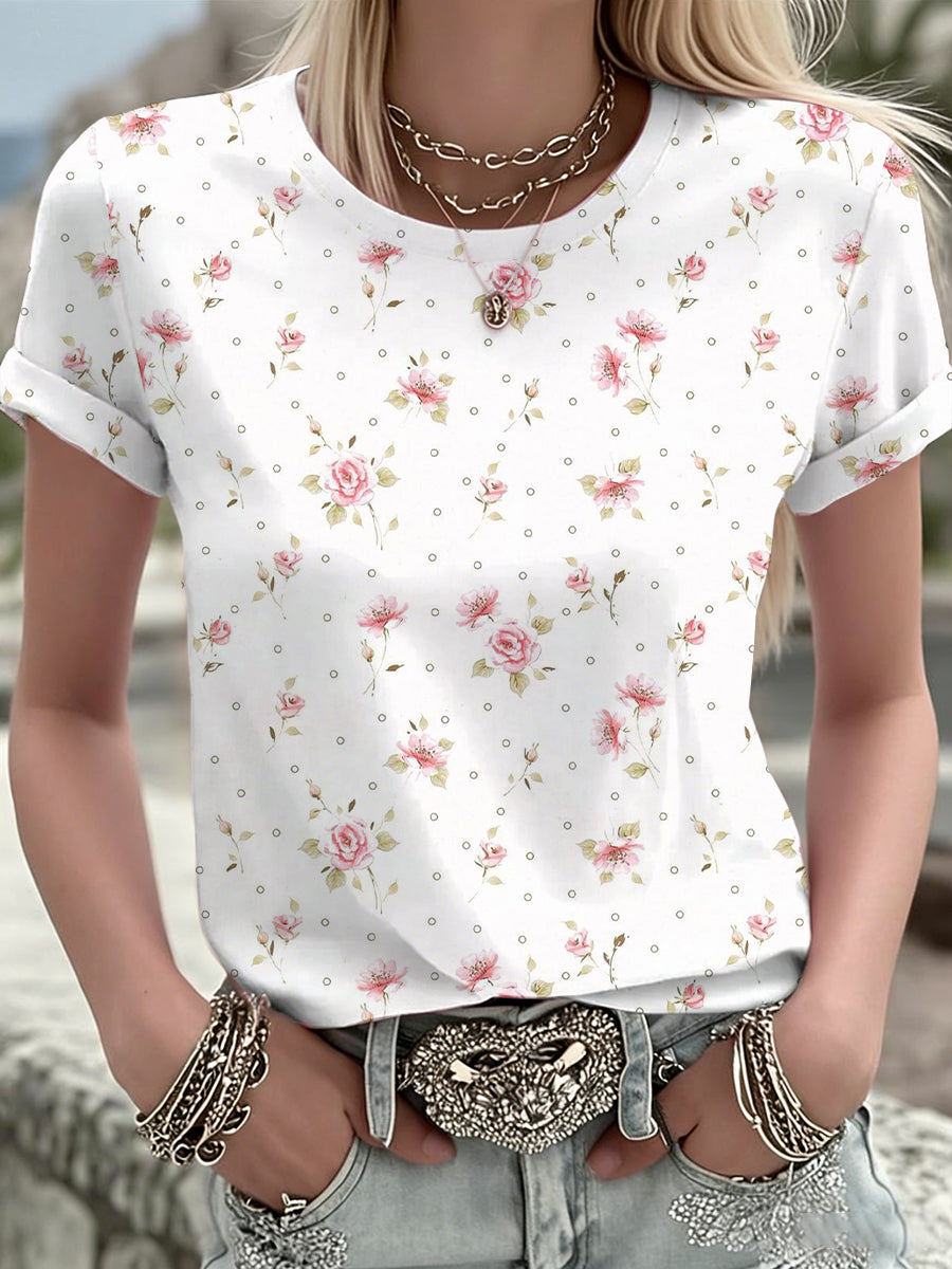 T-shirt rose à fleurs imprimées pour femmes