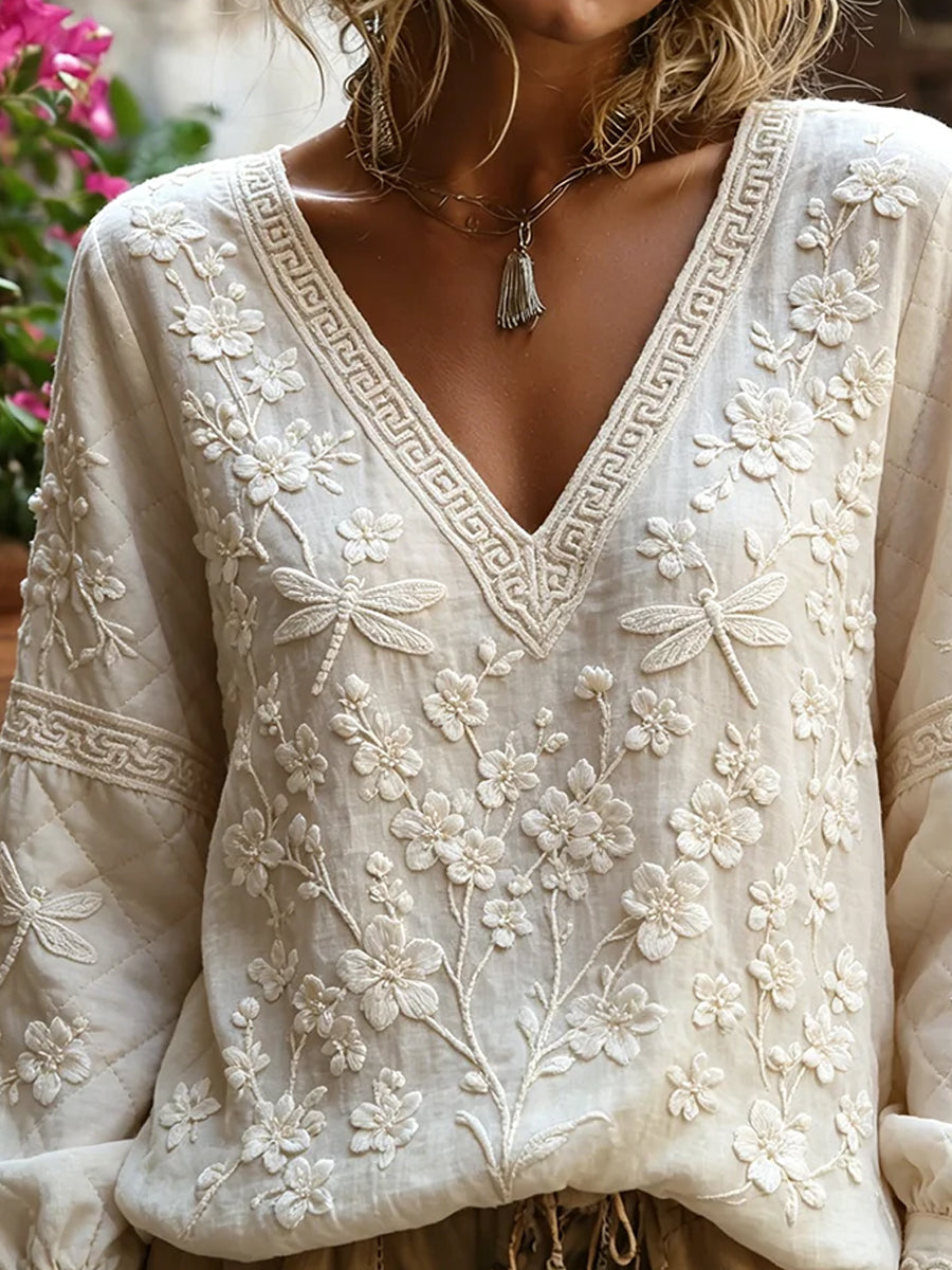 Haut décontracté en coton-lin pour femme, style vintage avec imprimé floral artistique
