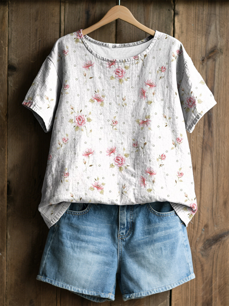 T-shirt décontracté pour femmes avec imprimé fleurs roses