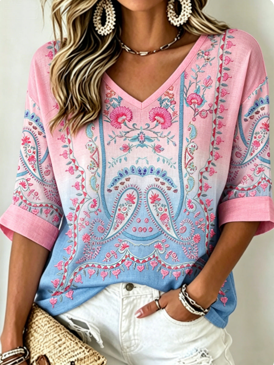 Haut vintage bohème pour femme en coton-lin, brodé de fleurs, à col en V