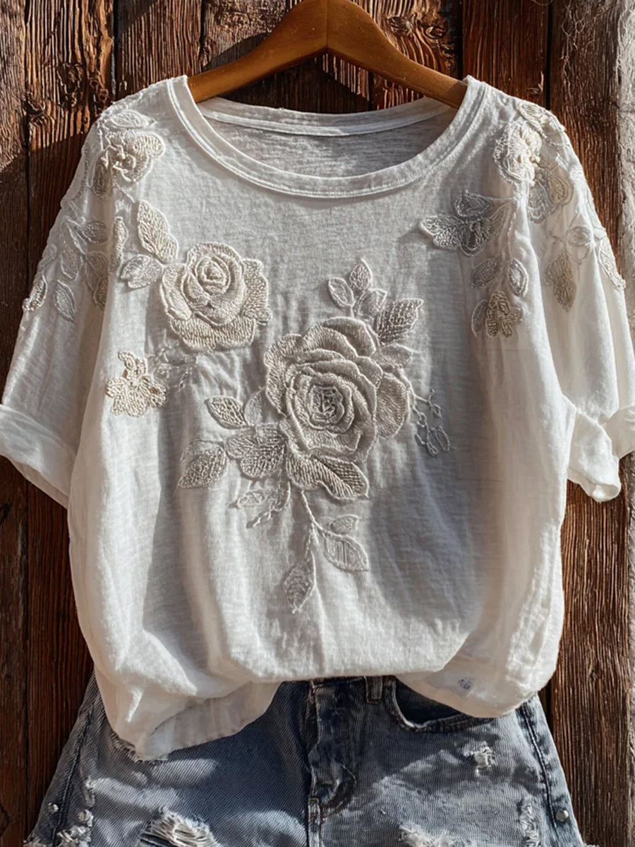 T-shirt décontracté et confortable avec impression artistique rétro fleurie