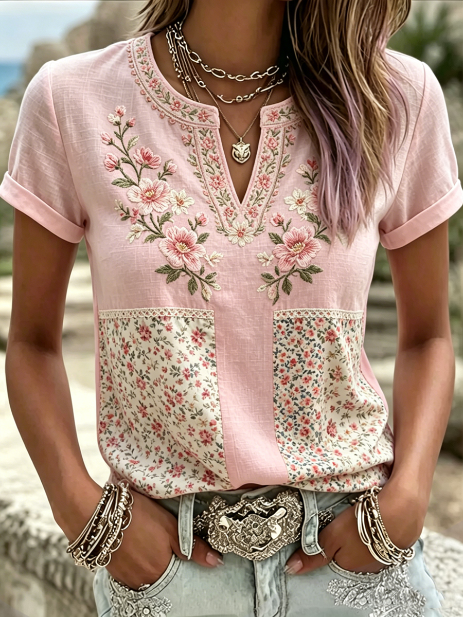 T-shirt rose à manches courtes pour femmes, imprimé floral
