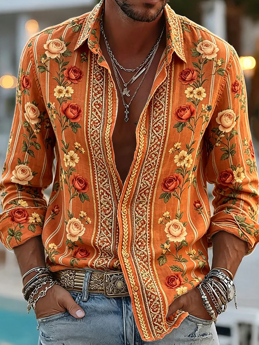Chemise à manches longues en coton-lin décontractée à imprimé d'art abstrait rétro pour hommes
