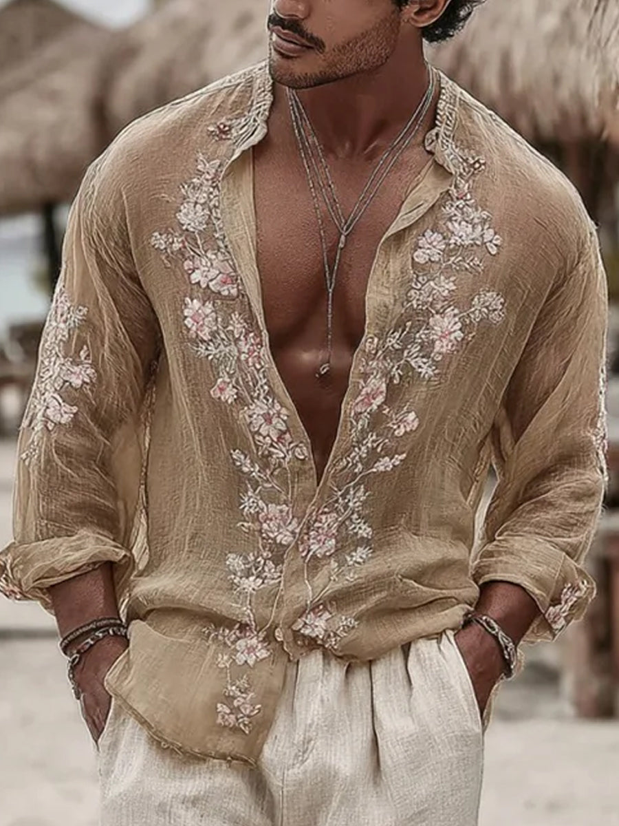 Chemise en coton-lin décontractée à imprimé d'art abstrait rétro pour hommes