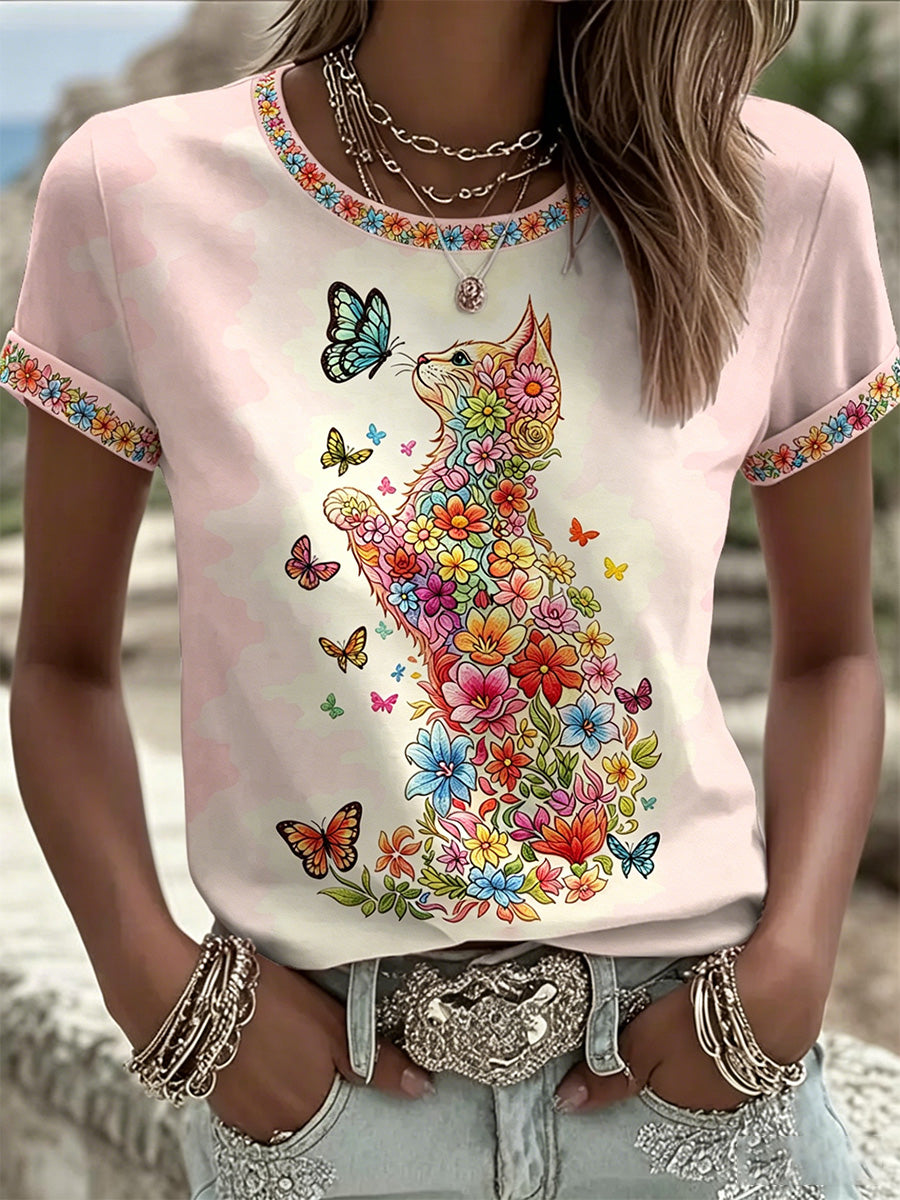 T-shirt décontracté pour femmes avec imprimé fleurs et chats