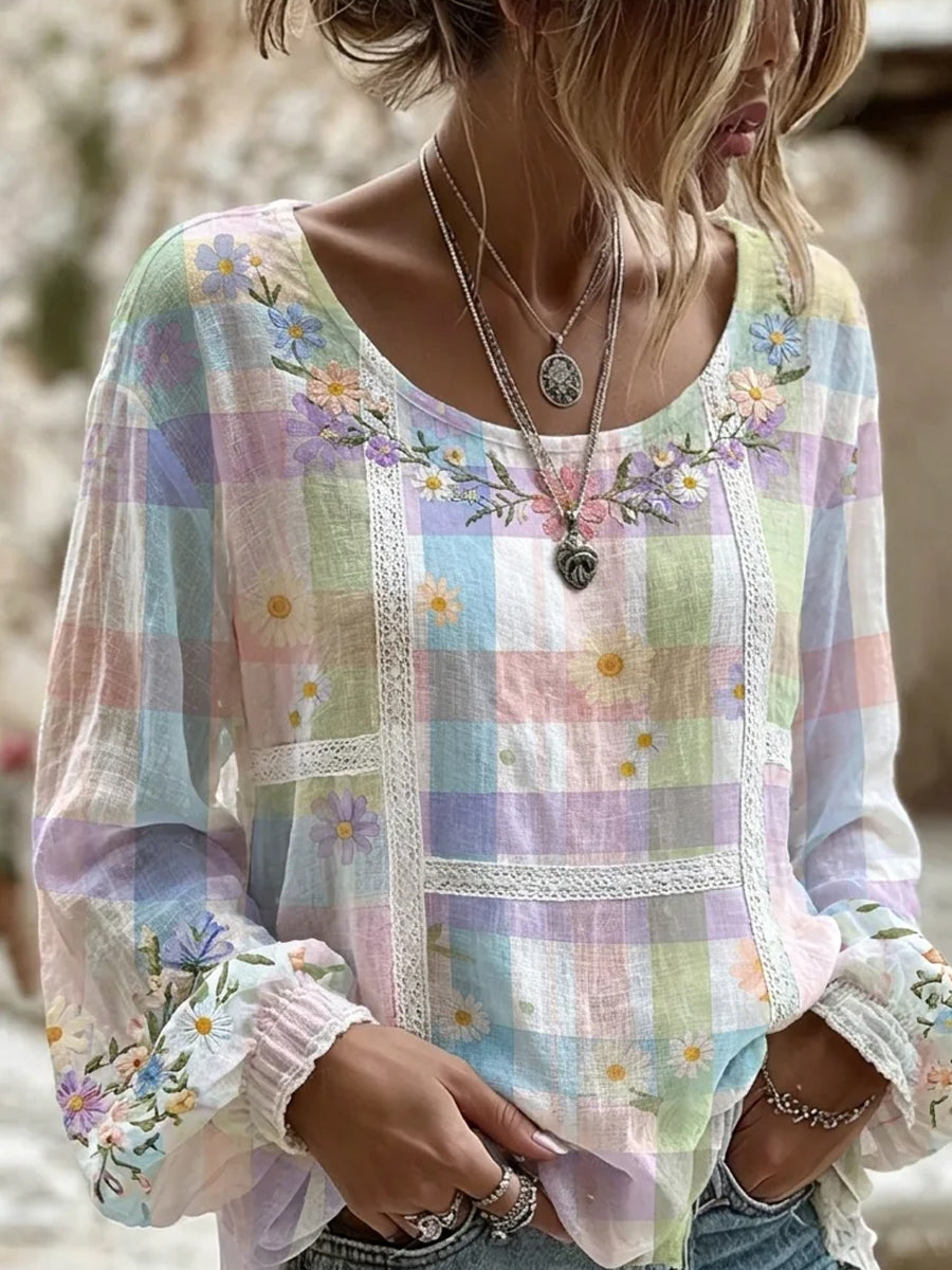 Haut décontracté en coton-lin pour femme, style vintage avec imprimé floral artistique