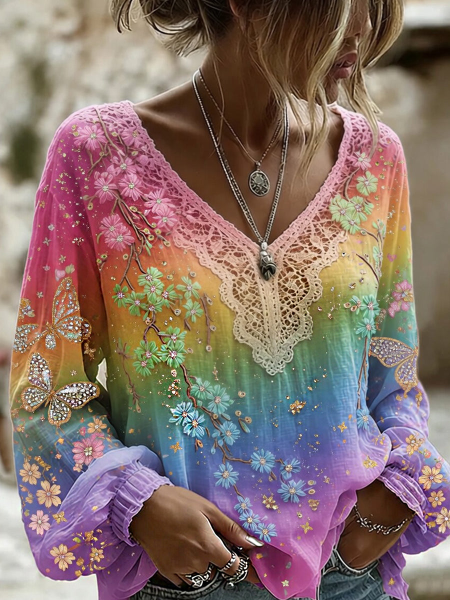 Haut décontracté en coton-lin pour femme, style vintage avec imprimé floral artistique