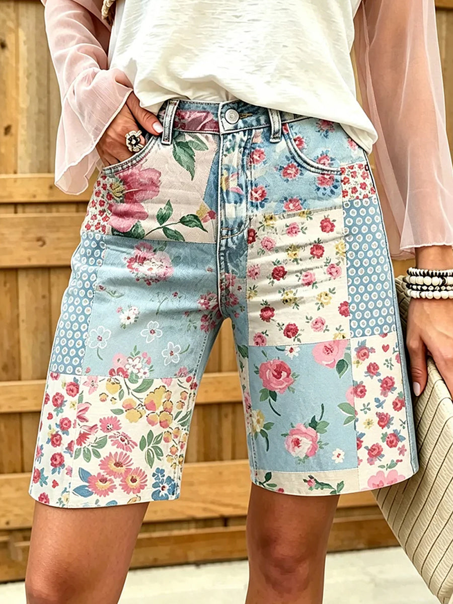 Shorts décontractés pour femmes, style vintage, imprimé floral artistique