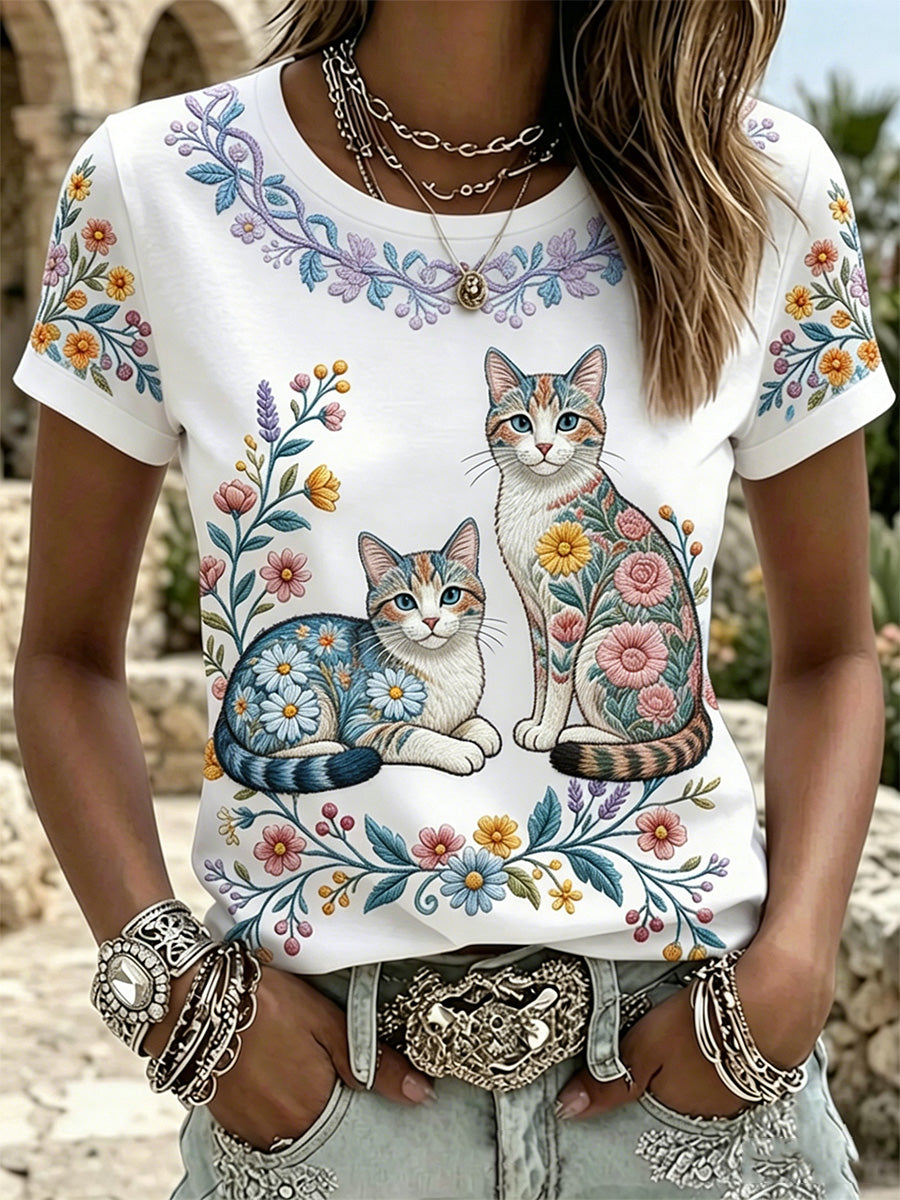T-shirt décontracté pour femmes avec imprimé fleurs et chats