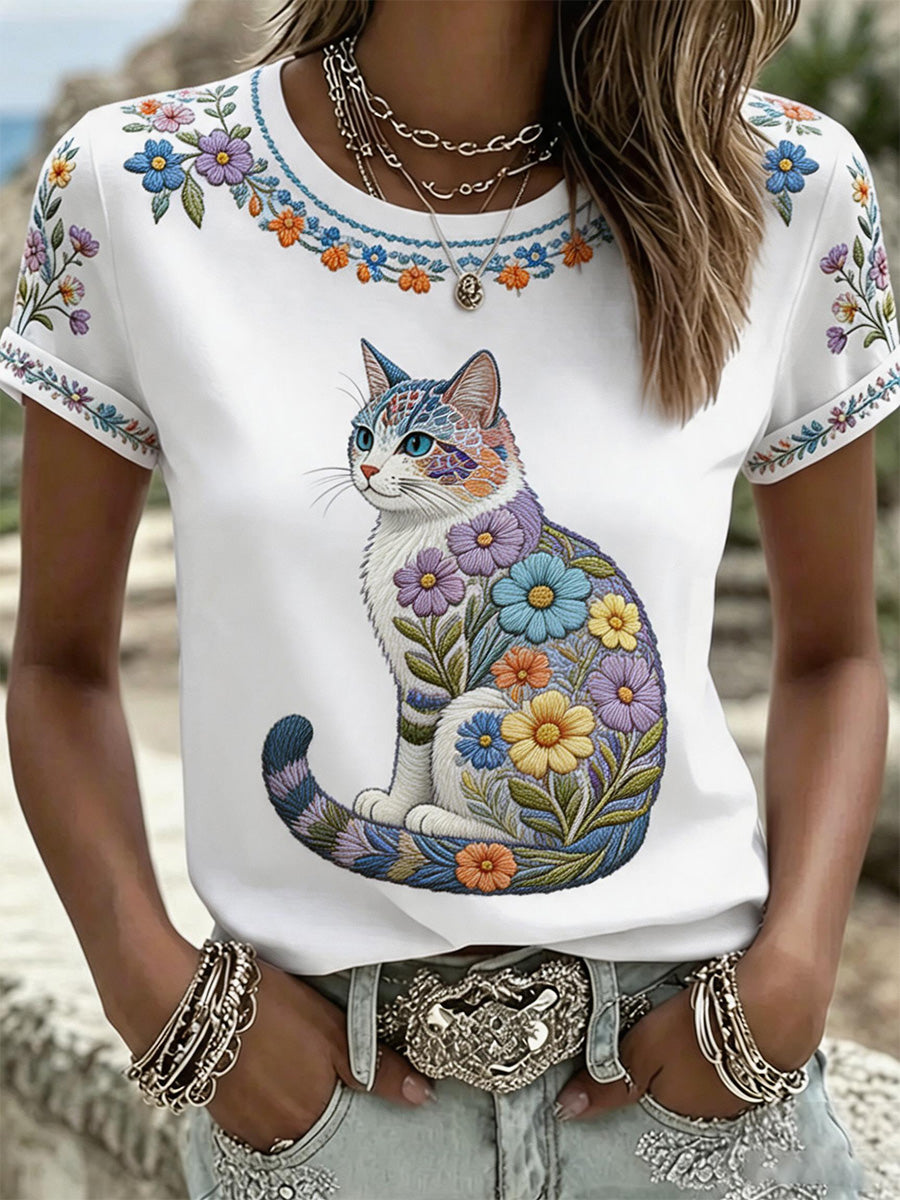 T-shirt décontracté pour femmes avec imprimé fleurs et chats