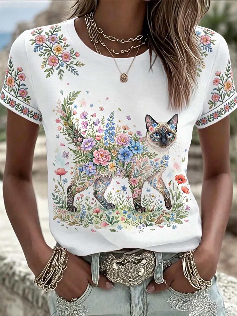 T-shirt décontracté pour femme à imprimé chat et fleurs