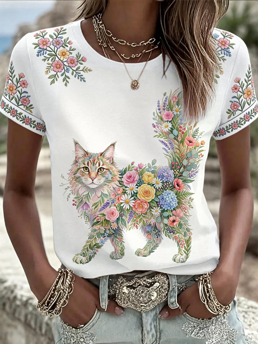 T-shirt décontracté pour femme à imprimé chat et fleurs