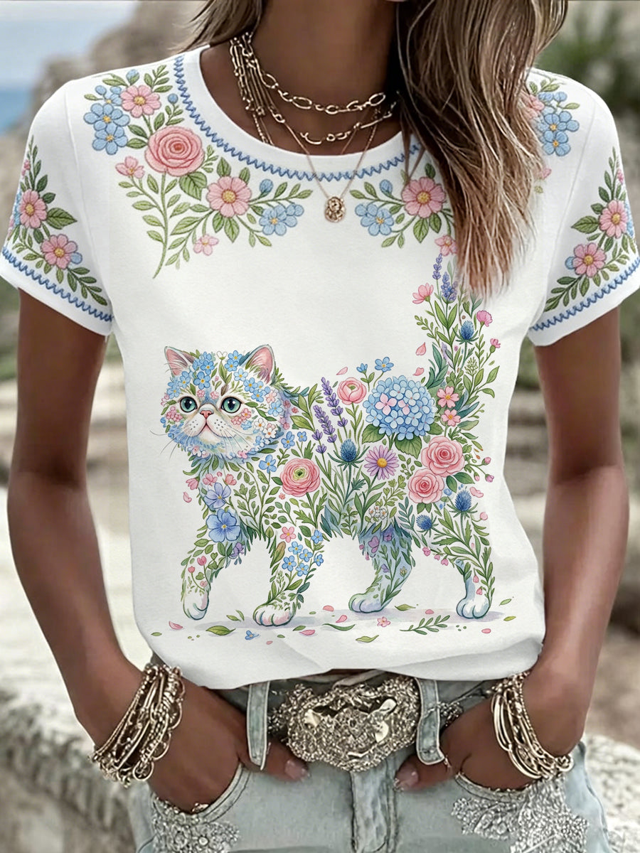 T-shirt décontracté pour femme à imprimé chat et fleurs