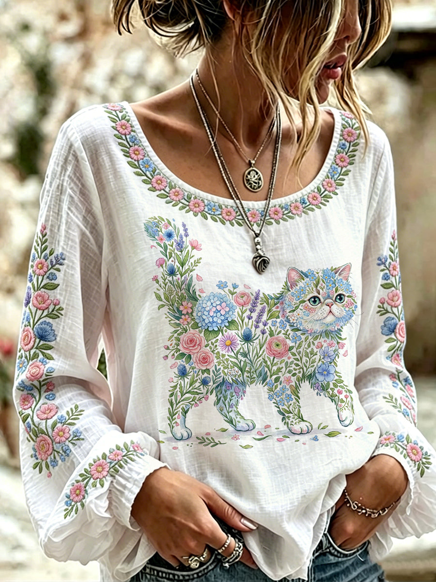 Chemise décontractée à manches longues pour femmes, imprimé fleurs et chats