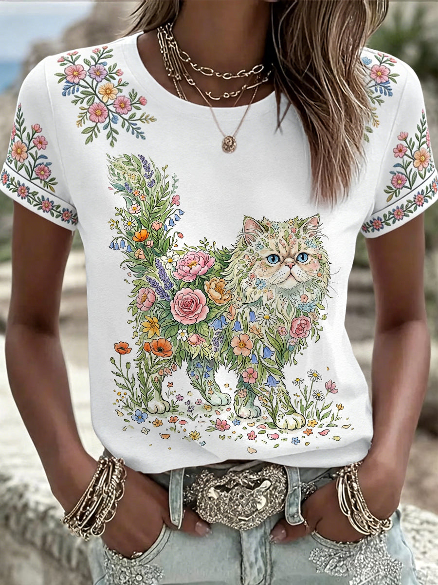 T-shirt décontracté pour femme à imprimé chat et fleurs