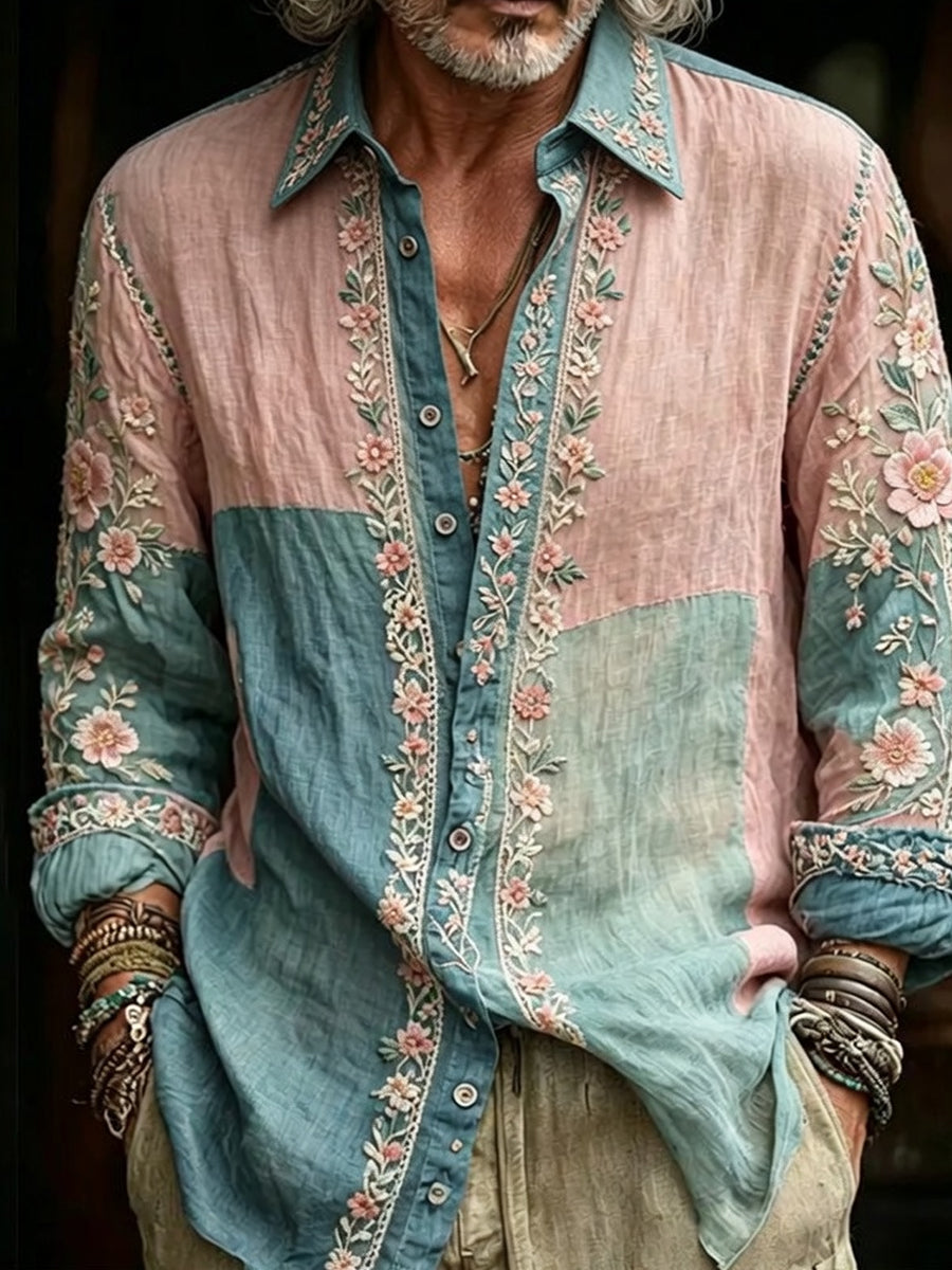 Chemise décontractée en coton-lin pour hommes, imprimé d'art abstrait rétro