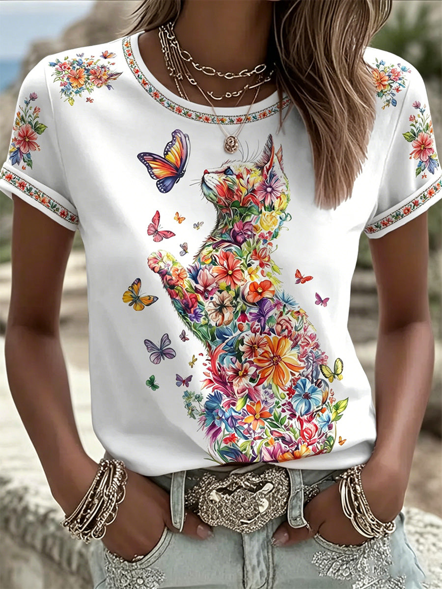 T-shirt décontracté pour femmes avec imprimé fleurs et chats