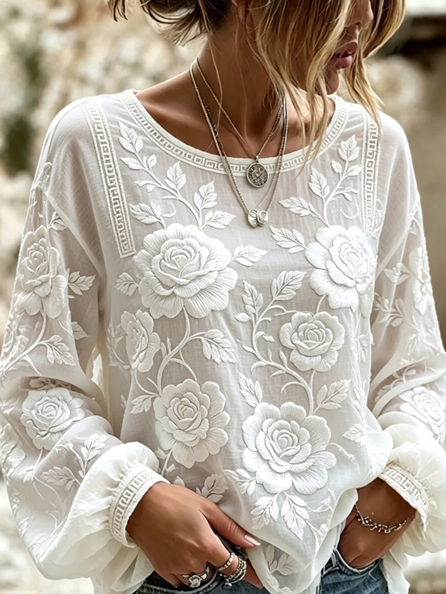 Haut décontracté en coton-lin pour femme, style vintage avec imprimé floral artistique