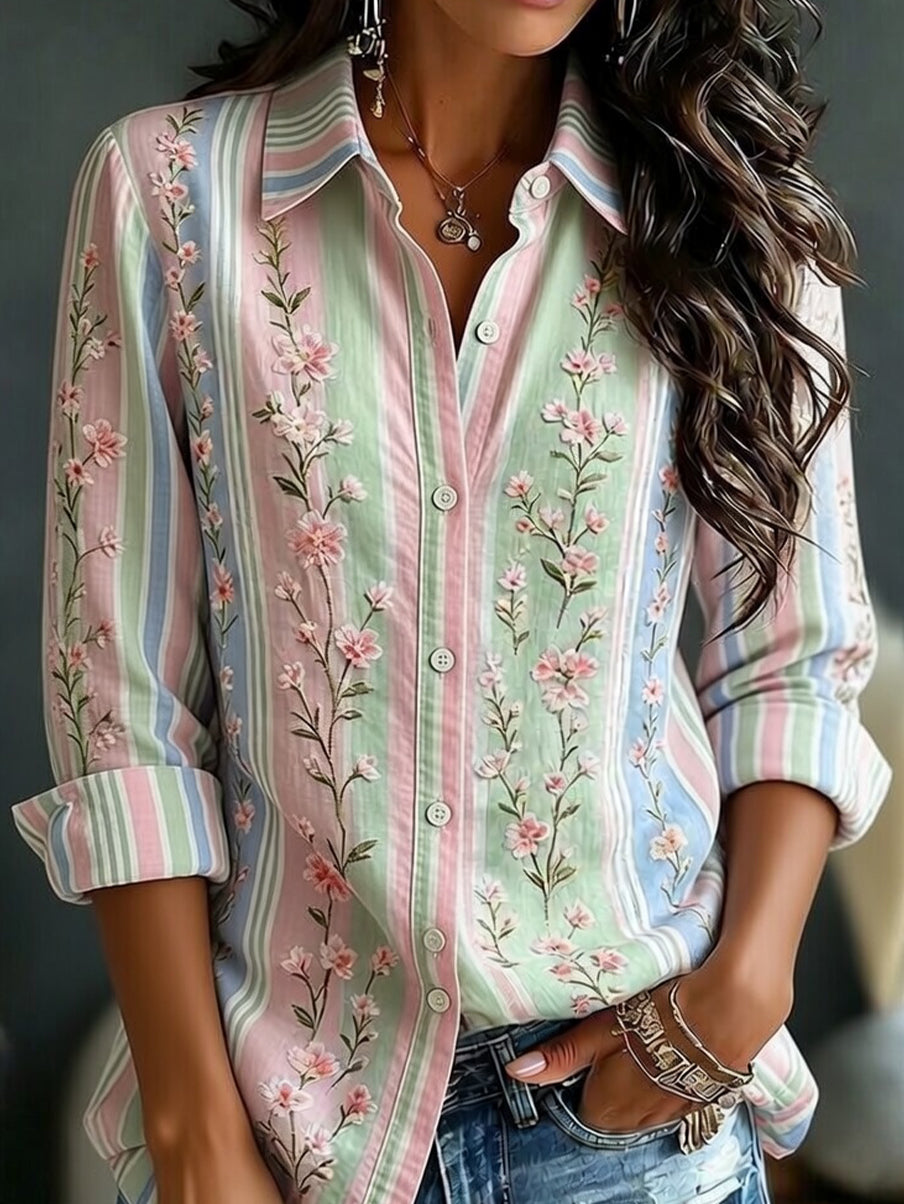 Chemise décontractée en coton-lin pour femmes, imprimé floral vintage
