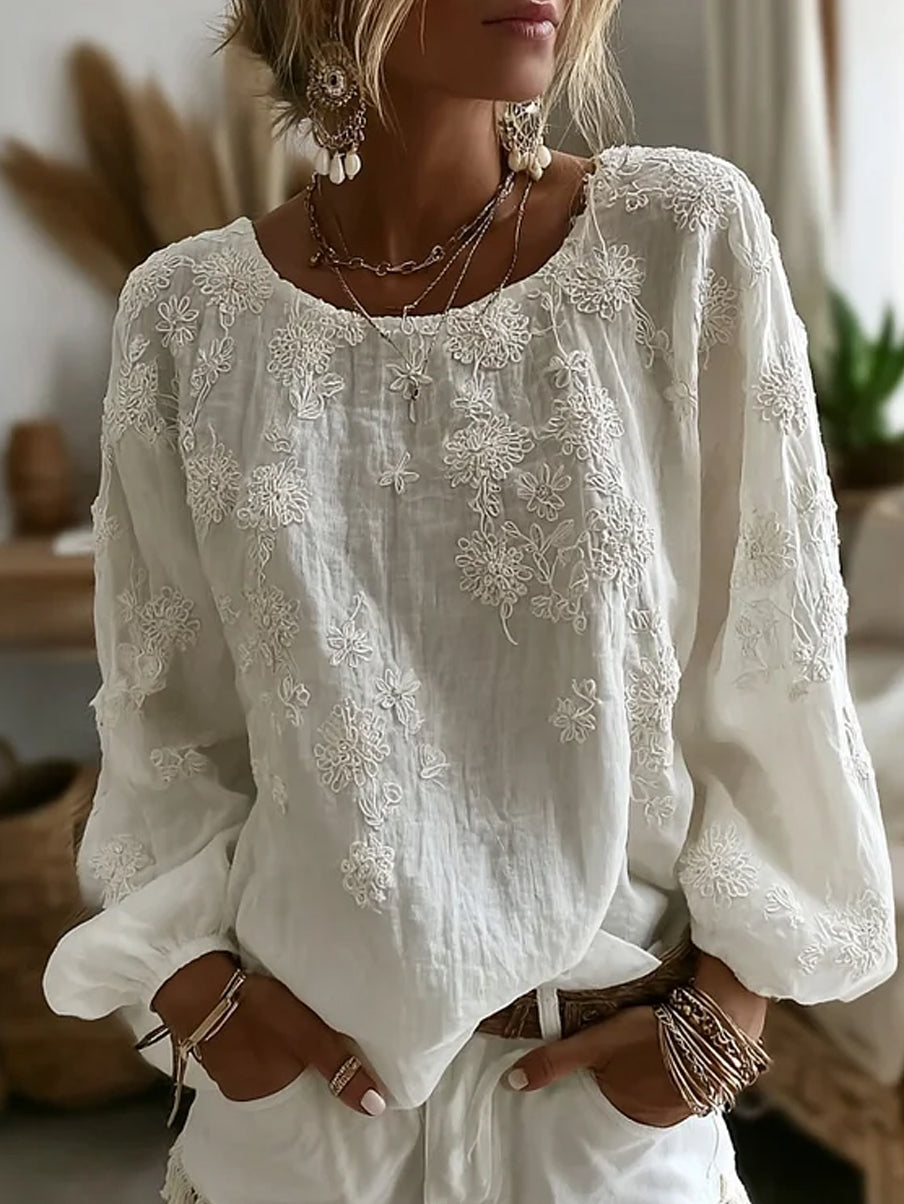 Haut décontracté en coton-lin pour femme, style vintage avec imprimé floral artistique