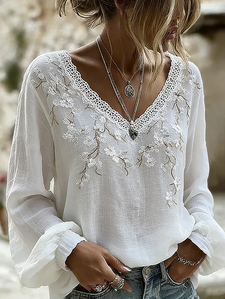 Haut décontracté en coton-lin pour femme, style vintage avec imprimé floral artistique