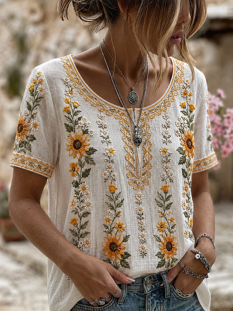 Haut Décontracté Femme Vintage Floral Art Print Coton-Lin