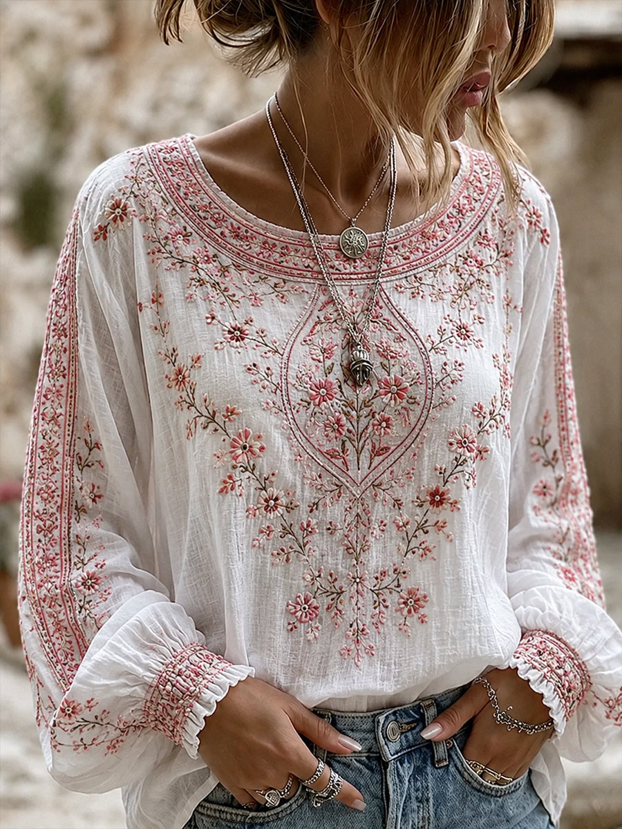 Haut décontracté en coton-lin pour femme, motif floral vintage artistique