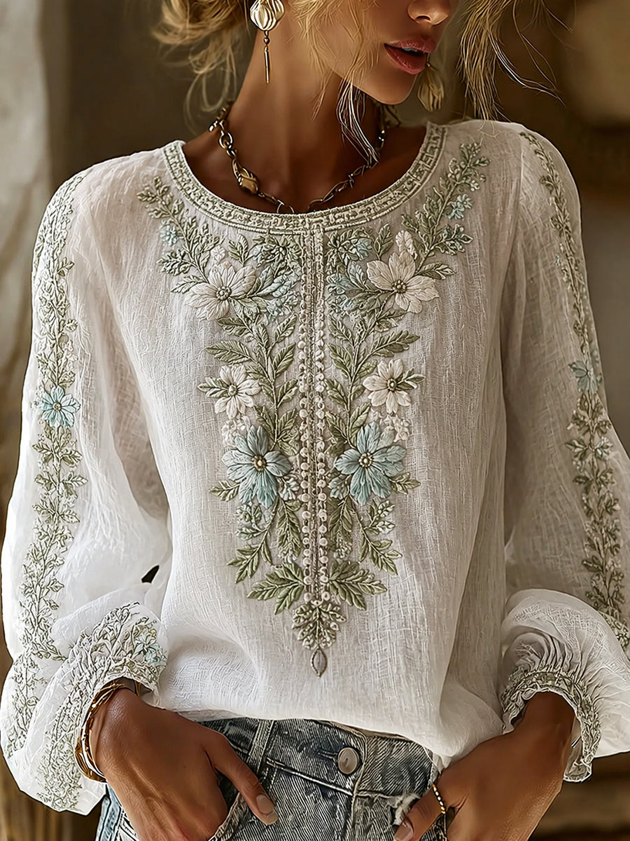 Haut décontracté en coton-lin pour femme, motif floral vintage artistique