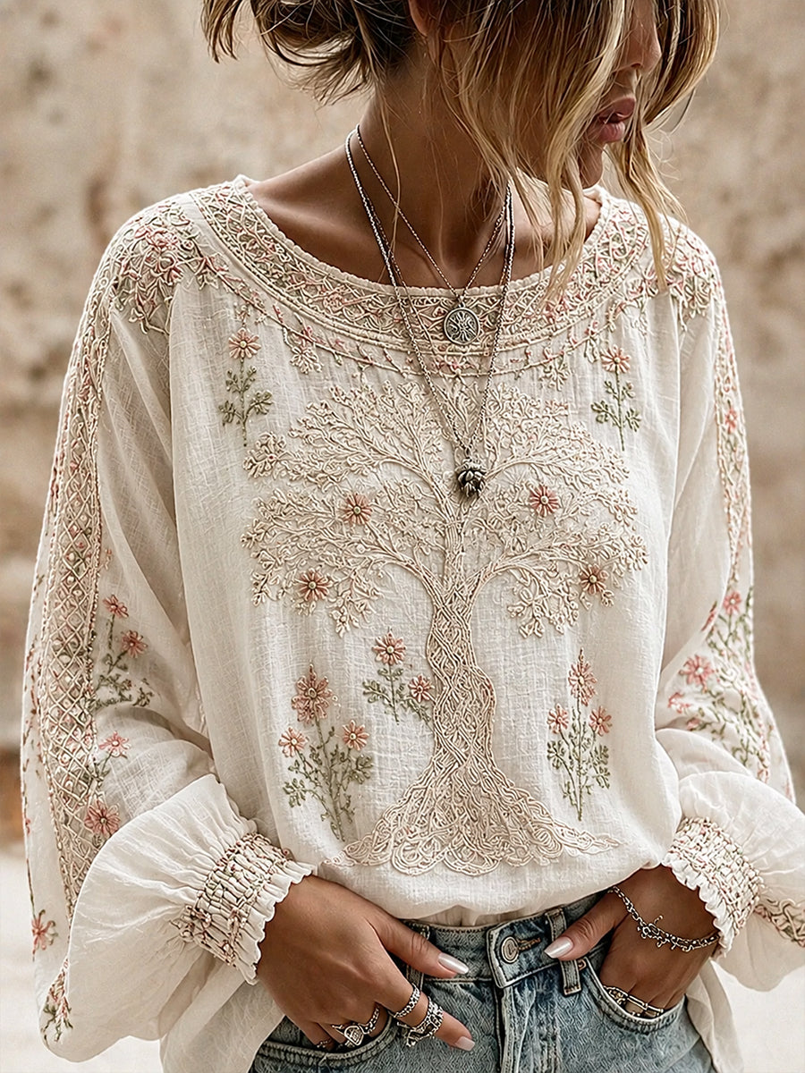 Haut décontracté en coton-lin pour femme, motif floral vintage artistique