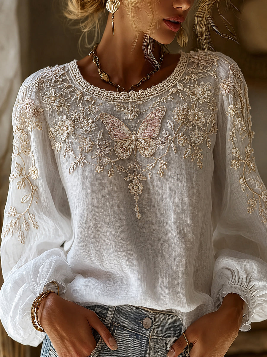 Haut décontracté en coton-lin pour femme, motif floral vintage artistique