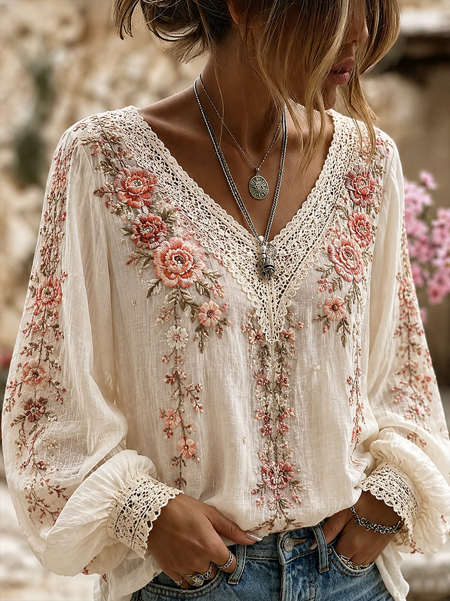 Haut décontracté en coton-lin pour femme, motif floral vintage artistique