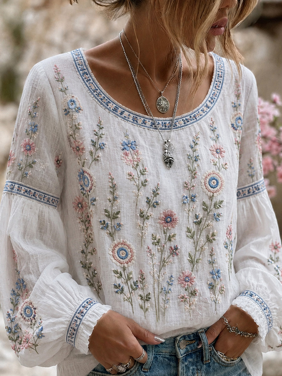 Haut décontracté en coton-lin pour femme, motif floral vintage artistique